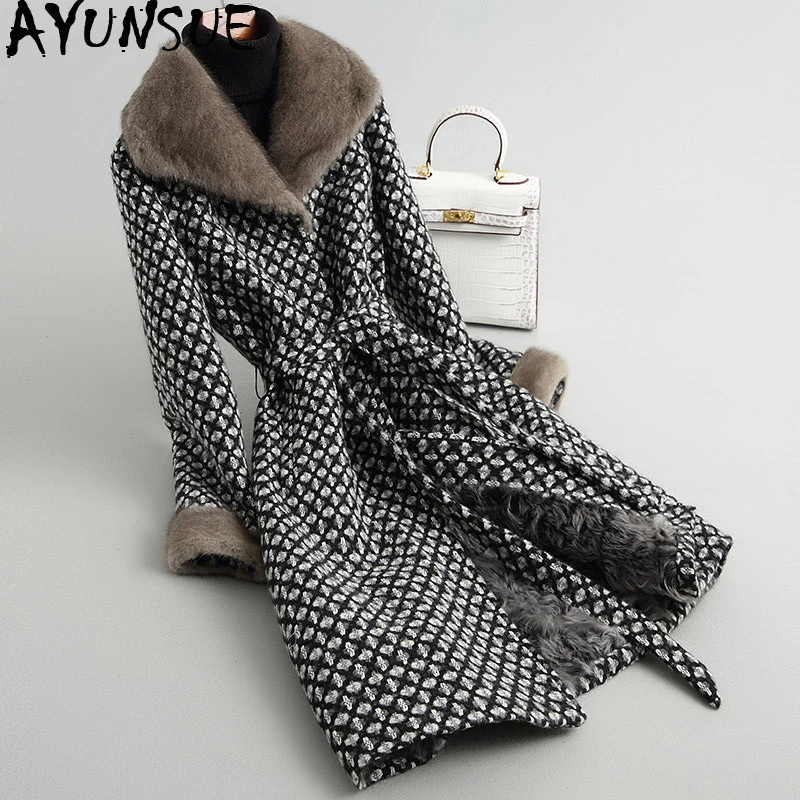 

AYUNSUE Real Fur Coat Female Natural Lamb Fur Tweed Coat 2019 Winter Jacket Women Mink Fur Collar Korean Woolen Coats MY3778