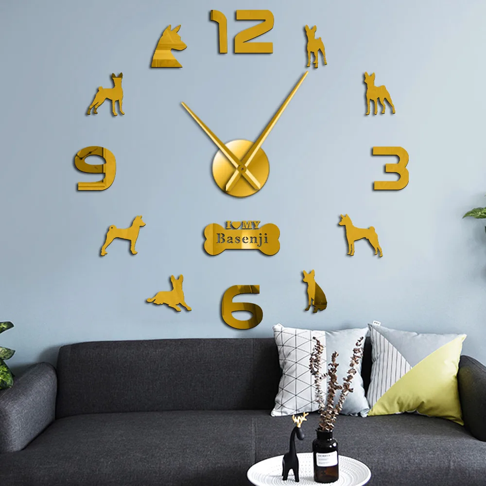 Basenji African Bush Dog Large DIY Wall Clock Barkless Doggie Ango Angari Congo Zande Puppy Pet Wall Stickers Watch Living Room