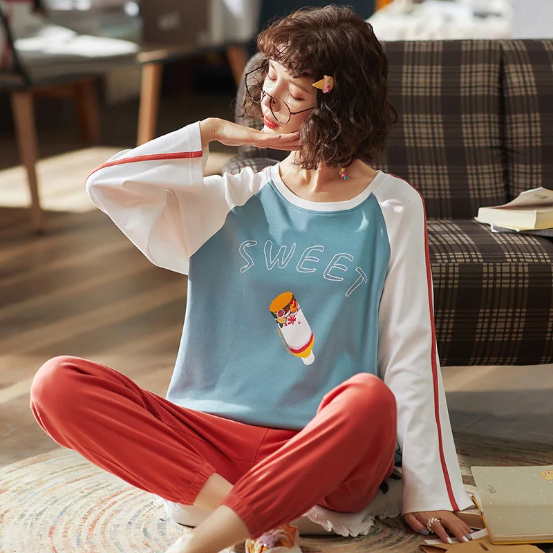 

Pajamas Women's Spring And Autumn 100% Pure Cotton Long Sleeve Trousers Crew Neck Women's Casual Nursing Home Wear Two-Piece Set