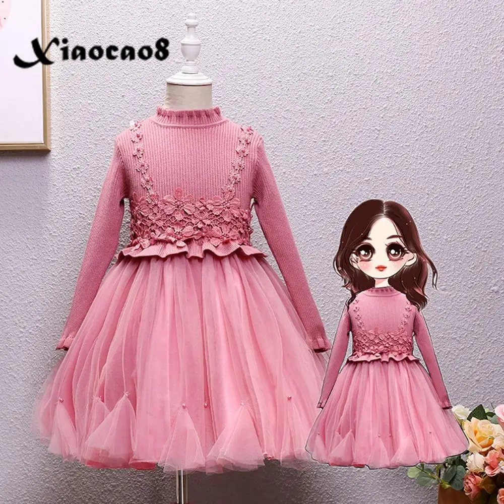 От 4 до 13 лет, детские осенние платья с длинными рукавами для девочек, кружевное платье для принцессы с воротником, зимняя одежда для маленьких девочек сетчатые вечерние платья