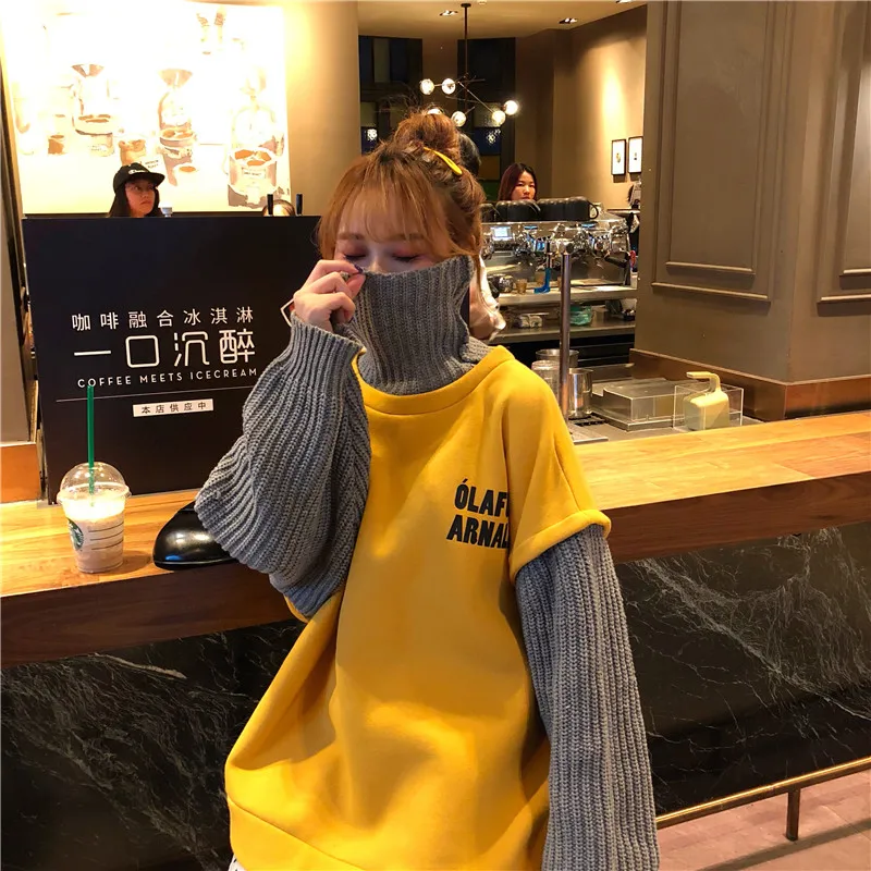 yellow Ins Harajuku vintge Корейская толстовка с буквенным принтом плюс бархат BF Женская шикарная имитация двух частей модная Свободная Повседневная Женская толстовка - Цвет: yellow