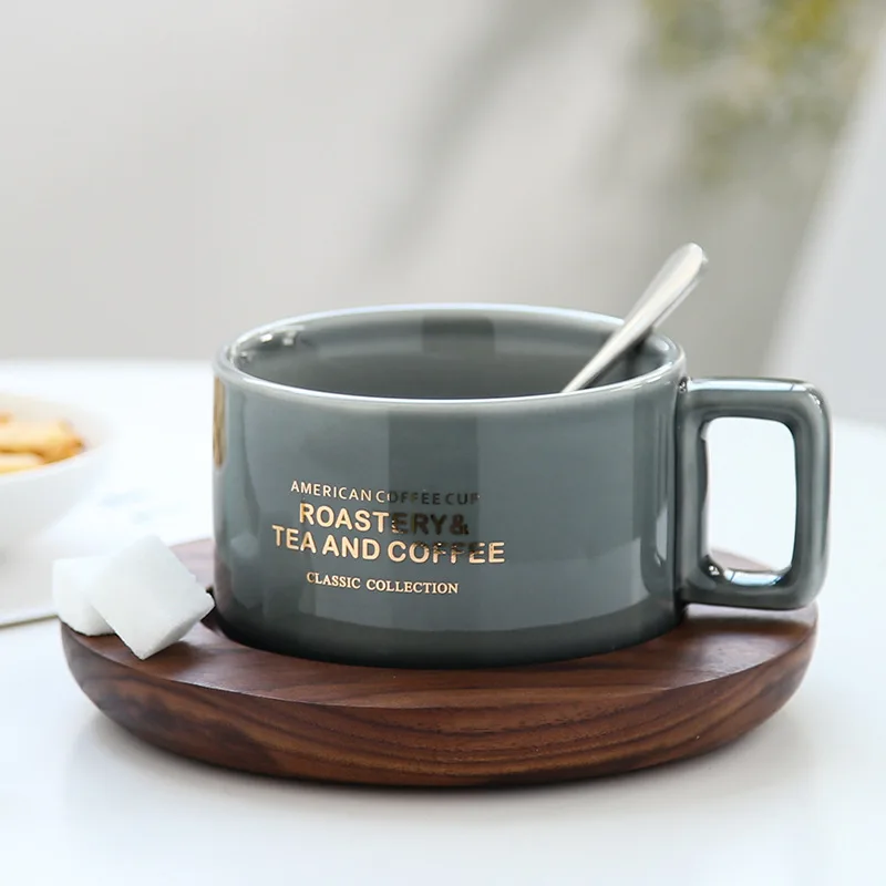 JOUDOO модная кофейная керамическая чашка, блюдечко, кофейная чашка, маленькая кофейная чашка с тарелкой и ложкой, набор кофейных чашек 35 - Color: Gray with mat