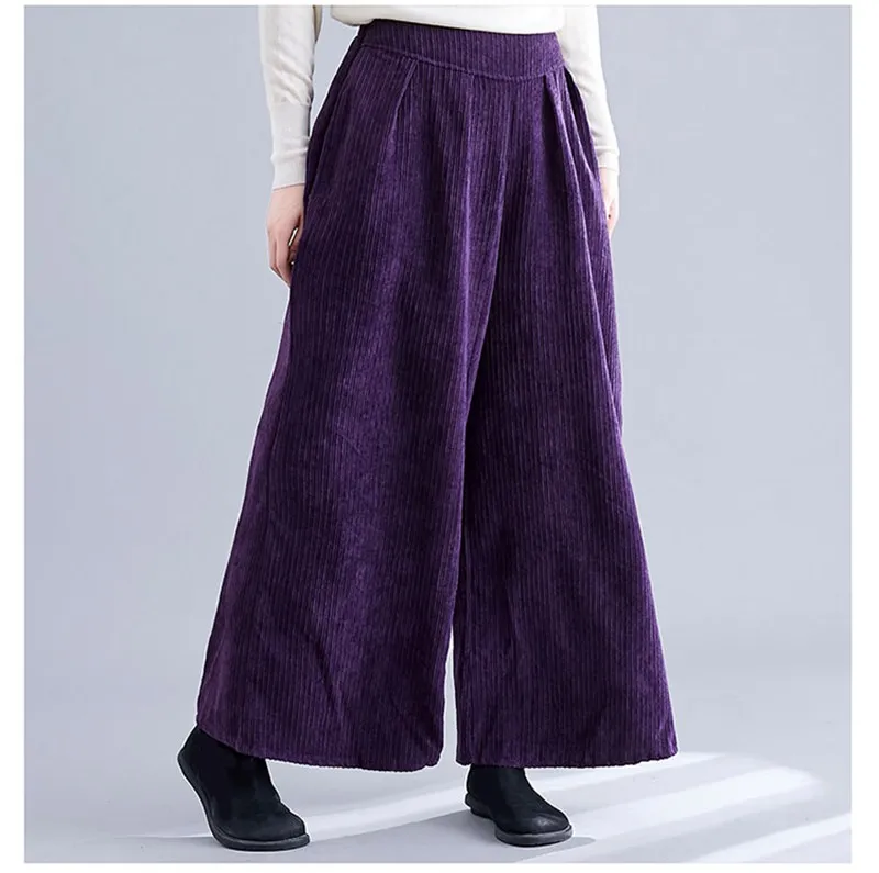 Mferlier Autumn New Corduroy Pants Women Solid Elastic High Waist Navy Blue Purple Brown Ladies Stylish Slim Wide Leg Pants