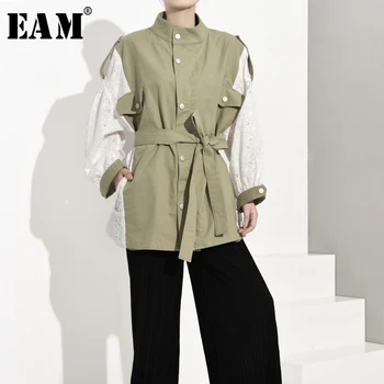 

[EAM] Loose Fit Lace Split Oversize Waistbelt Jacket New Lapel Long Sleeve Women Coat Fashion Tide Spring Autumn 2020 JK2910