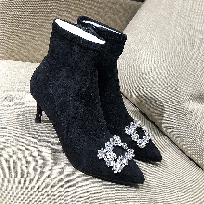 

spring and autumn high heel pointe boots black suede crystal stretch boots zipper square diamond crystal Naked boots short boots
