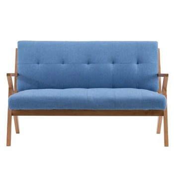 

(126 x 85 x 82.5cm) Solid Wood K-type Retro Double Sofa Chair Light Blue