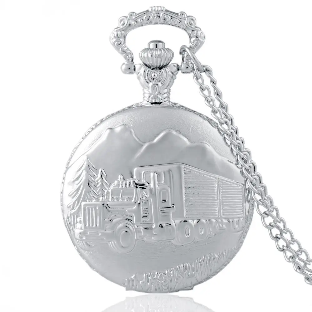 

IBEINA Silver Tandem Truck Theme Full Hunter Quartz Engraved Fob Retro Pendant Pocket Watch Chain Gift For Truck Driver