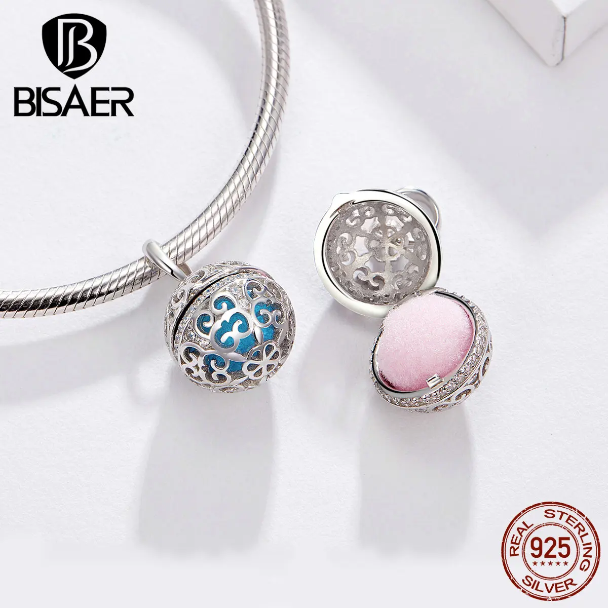 BISAER, 925 пробы, серебряные, очаровательные духи, шар, коробка, клетка, подвески, бусины, подходят для женщин, браслеты и ожерелья, сделай сам, ювелирные изделия ECC1198