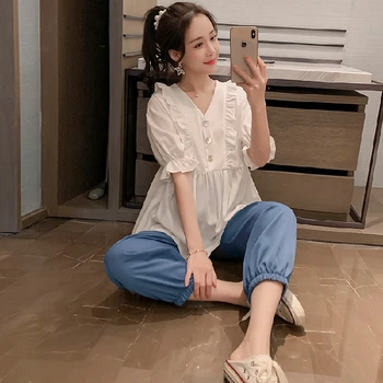 

Summer Maternity Chiffon Top Half Sleeve V-neck Shirts Casual Tops For Women Solid Long Style Plus Size Loose Blouses ZL699