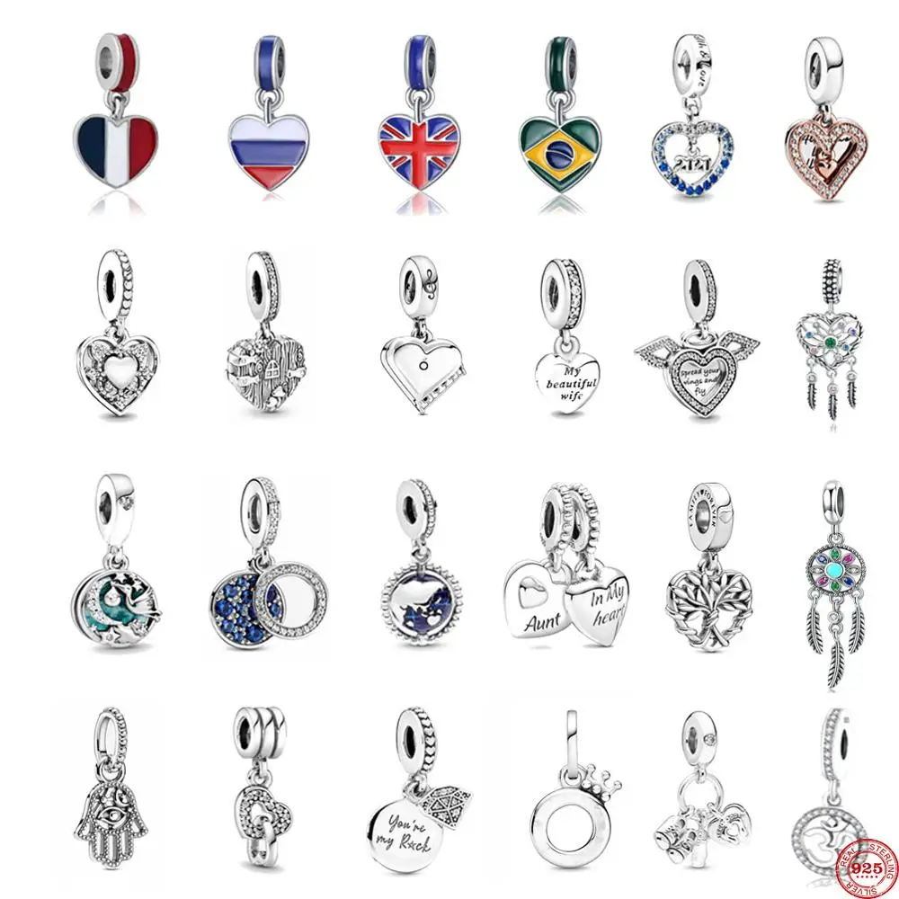 925 Sterling Silver Heart Flag Map Digital shoes tree Pendant DIY fine beads Fit Original Pandora Charm Bracelet Women Jewelry | Украшения