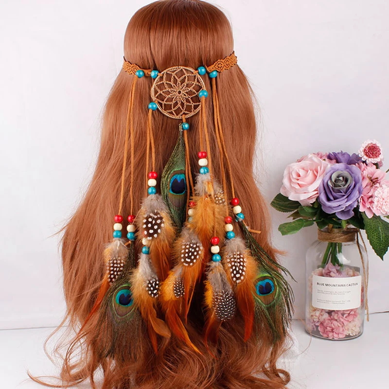 Повязка на голову «Ловец снов», с перьями, цветное, с бисером Повязка на голову «Ловец снов», с перьями, цветное, с бисером