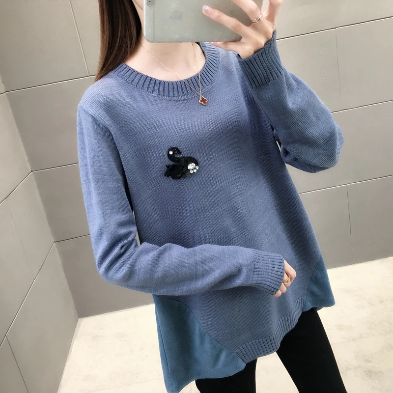 433044 real picture Brooch goose flannelette splicing round neck knitting insert sweater [Zone G 10 left]ag | Женская одежда