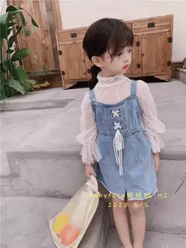 

2020 spring new children's clothing girls lace trumpet sleeve bottoming shirt with drawstring denim strap skirt two-piece