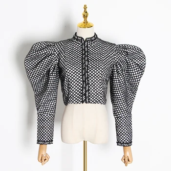 Ruched-Plaid Long-Puff-Sleeved O-Neck Stylish Mini-Coat 3