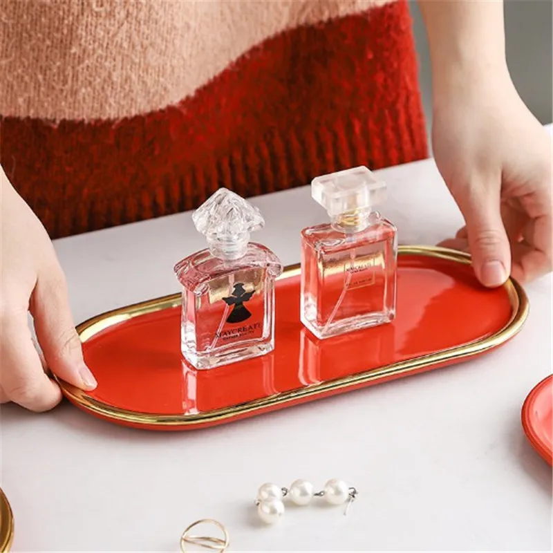 Nordic Metal Storage Tray Gold Oval Ceramic Fruit Plate Jewelry Display Mirror Organizer Snack Dish Tray Home Decoration