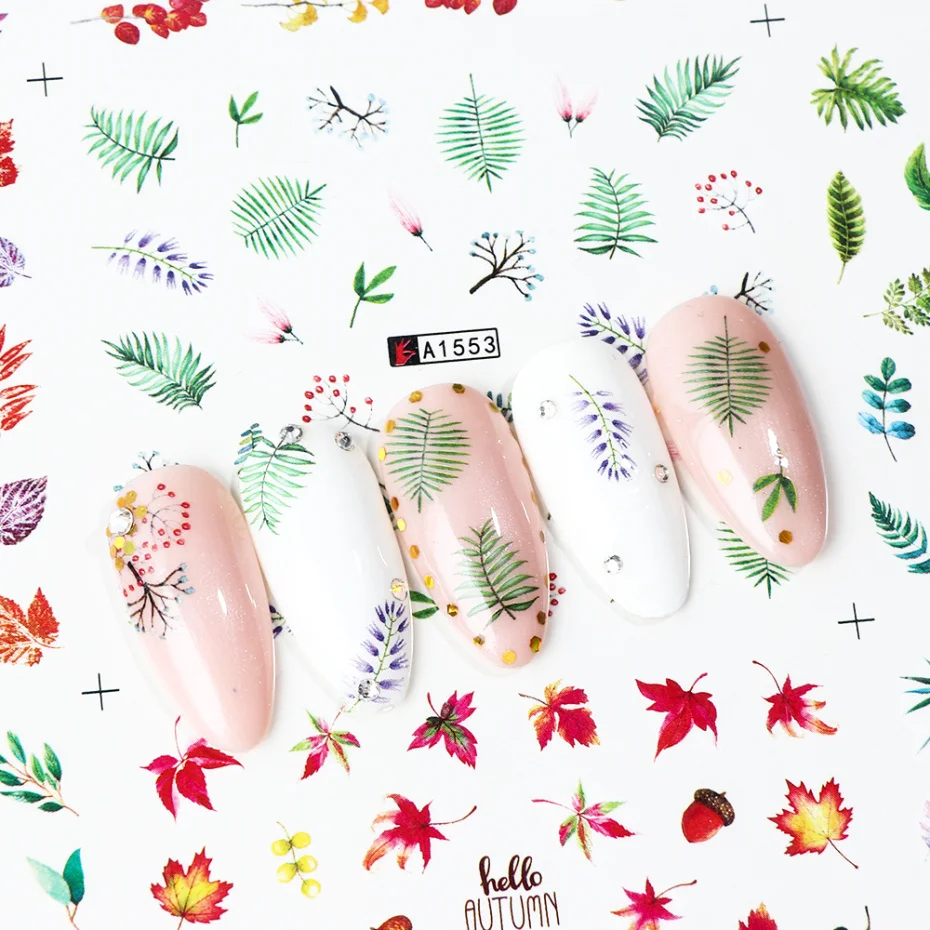 12 шт., Осенние наклейки для ногтей, переводные наклейки с водой, цветные кленовые листья, дизайнерские обертывания, тату, дизайн ногтей, Декор, маникюр, LAA1549-1560