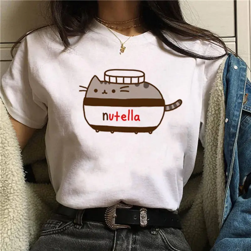 Nutella Kawaii Женская одежда с принтом kawaii Harajuku мультяшная футболка в Корейском стиле женские эстетические белые футболки с круглым вырезом - Цвет: 17