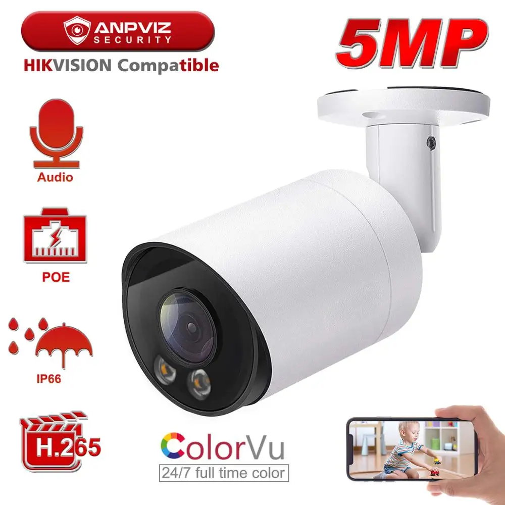 US $52.86 Hikvision Compatible Anpviz 5mp Starlight Colorful Ip Camera Poe Bullet Super Security Camera 30m BuiltIn Mic Audio Ip66 Onvif