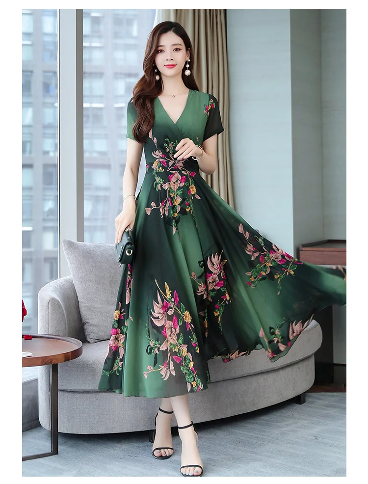 Spring New Printed Ice Silk Dress Floral Fashion Mid-waist Ladies Long Skirt Vacation Beach Skirt  Dress for Women shirt dress