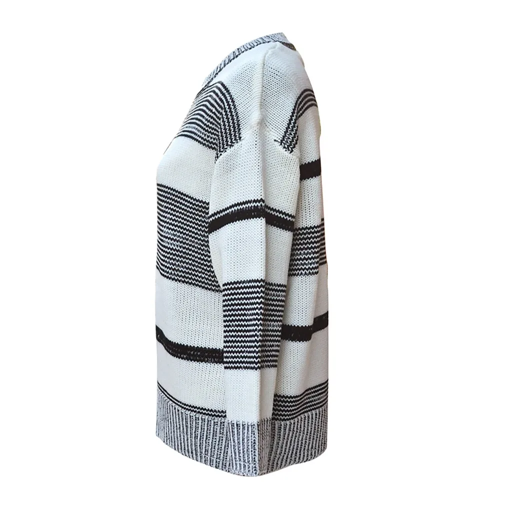 Женский зимний свитер в полоску на каждый день, Женская вязанная куртка с круглым вырезом, пуловер, свитер с длинным рукавом, Джерси, mujer invierno D18