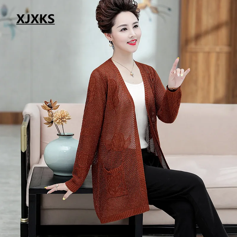 XJXKS Women long cardigan autumn new loose plus size comfortable wool knitted cardigan fashion hollow women sweater - Цвет: Коричневый
