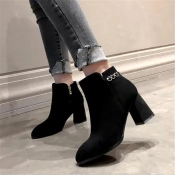 

Winter Women's Boots Short Tube High-heeled Fashion Boots Simple Side Zipper Sheepskin Occident Shallow Pointed Women's Boots