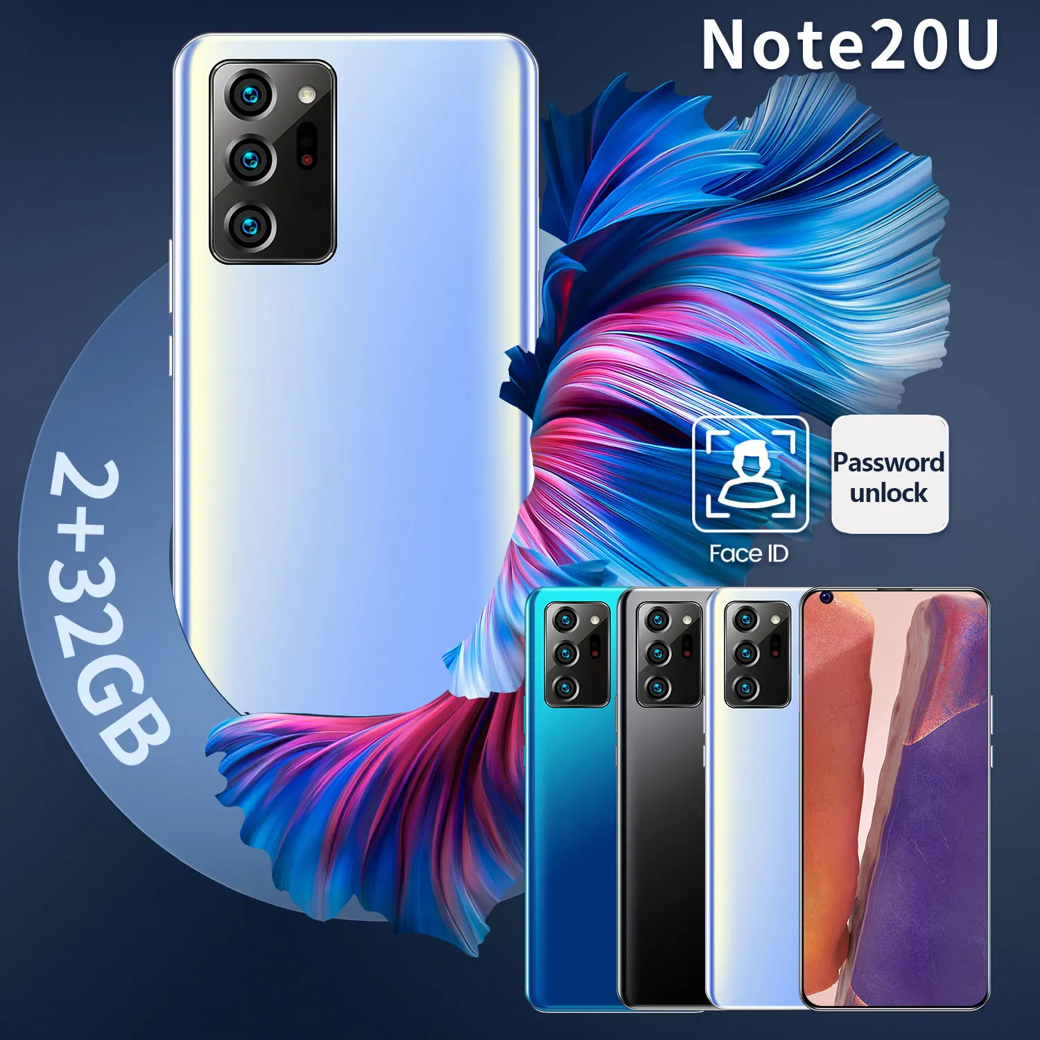 Note20U 6.8Inch Mobile Phone 4800mAh 2+32GB Cell Phone Octa Core 2MP+8MP Cellular Phone Face Unlocked Global Version Smartphones