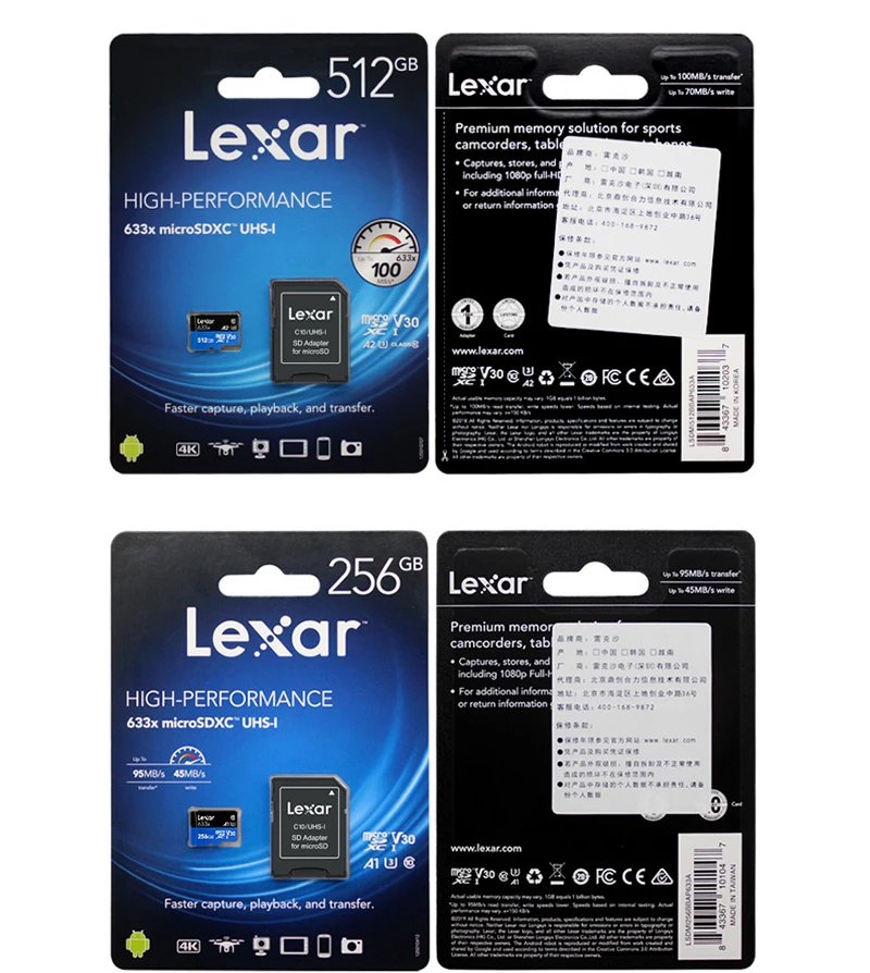 Lexar высокопроизводительный 633x microSDHC/microSDXC UHS-I Micro SD карта, 32 ГБ 128 ГБ 256 ГБ 512 Гб карта памяти до 100 МБ/с. TF карты