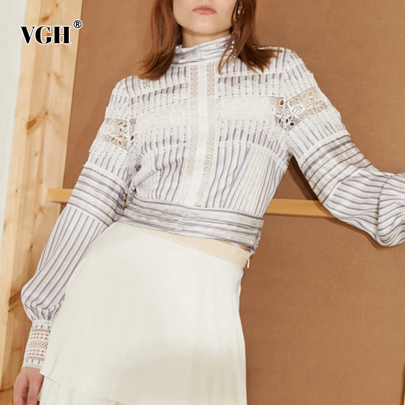 VGH Striped Bowknot Patchwork Women's Blouse O Neck Long Sleeve Lace Up Hollow Out Female Shirts 2019 Autumn Fashion New Clothes |