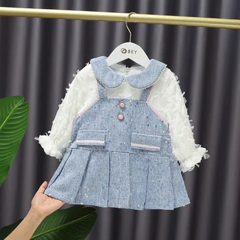 

2020 Winter Girls Long Sleeve Lapel Collar Sequined Patchwork Children's Thick Fleece Pleated Dress Kids Clothes Vestidos