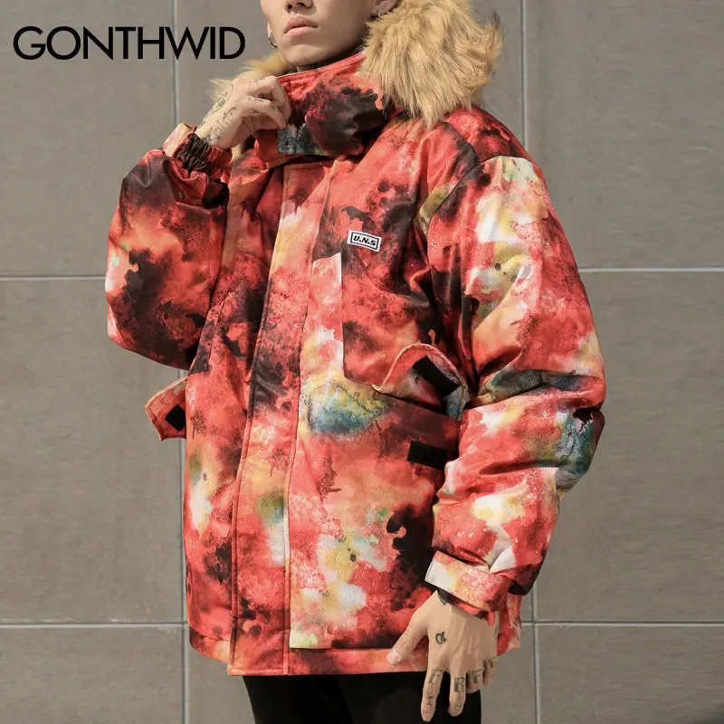 GONTHWID Galaxy Cotton Padded Removable Fur Hooded Parkas Coats Winter Fashion Thick Warm Parka Jackets Streetwear Hip Hop Tops