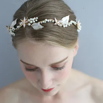 

Handmade Pearls Women Headpiece Bridal Hair Vine Headband Gold Leaf Wedding Tiara Hair Accessories