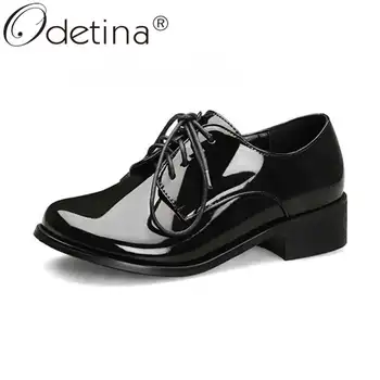 

Odetina Women New Lace Up Patent Leather Round Toe Casual Derby Lady Fashion Cross-tied Block Mid Heel Non-slip Oxfords Shoes
