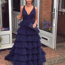 Темно-синие платья для выпускного вечера, многоуровневые бисерные складки, глубокий v-образный вырез, длина до пола, вечернее платье, вечерние платья, vestido de festa