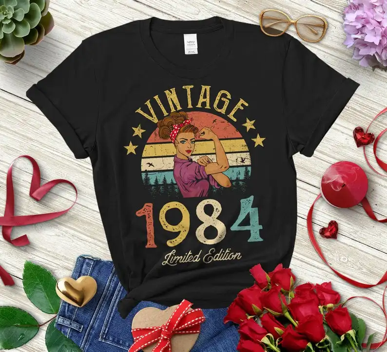 Vintage 1984 Edición Limitada Retro para mujer camiseta divertida 37th cumpleaños O camisa de cuello estampado de moda pantalón corto Casual manga Tops mujer