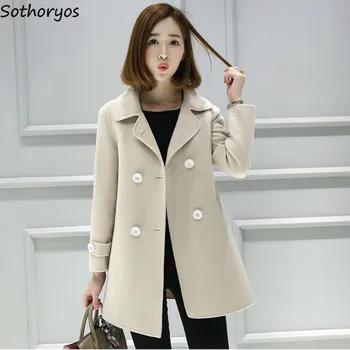 

Blends Women Double Breasted Korean Style Slim Elegant Long Coat Turn-Down Collar Leisure Outerwear Winter Coats Womens Lovely
