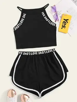 

Women's Sports Suit Fitness Vest Crop Tops Sling T-Shirt + Stretch Shorts Outfit Tracksuit Black Women Clothes Set Summer