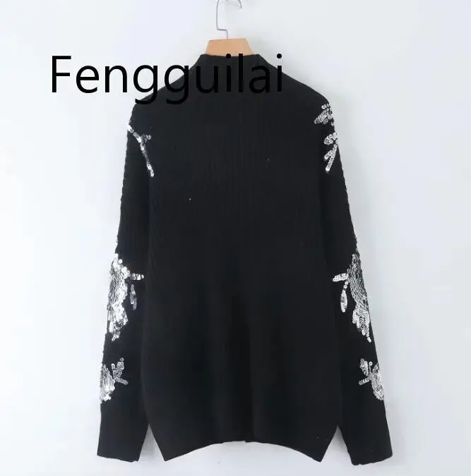 FENGGUILAI 2020 Women Sequined Flower Knitted Sweater Loose Turtleneck Sequins Beading Pullovers Sweater Winter Thick Black Tops FENGGUILAI 2020 Women Sequined Flower Knitted Sweater Loose Turtleneck Sequins Beading Pullovers Sweater Winter Thick Black Tops