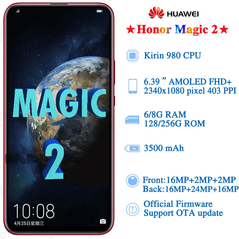 Смартфон Honor Magic 2 экран 6 39 дюйма Kirin 980 Android 9 0 FHD 2340X1080 NFC 4 камеры