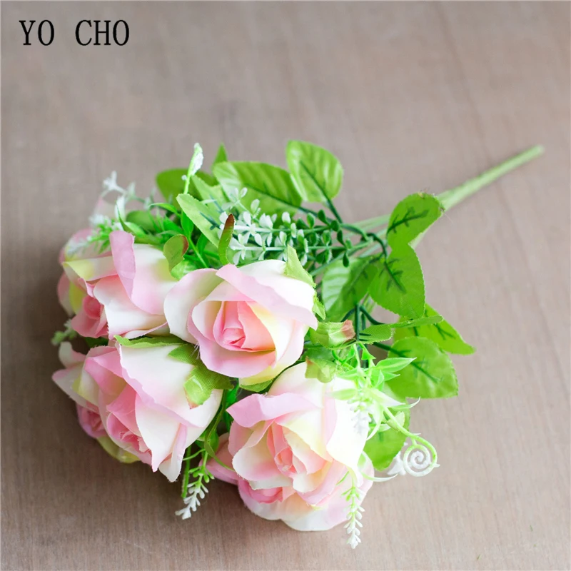 light-pink YO CHO DIY Свадебный букет невесты искусственный цветок Роза 7 головок Шелковая Роза искусственная цветок для дома вечерние украшения Свадебный планировщик поставки - Цвет: light-pink