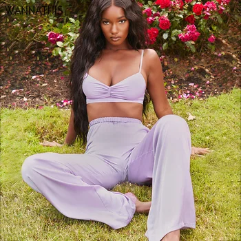 

WannaThis Two-piece Women Front Draped Spaghetti Strap Sleeveless Crop Top and Loose Full Length Pants Summer Sexy Casual Sets
