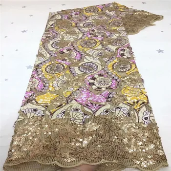 

High Quality Nigerian Lace Fabrics yellow African Sequins Lace Fabric Latest Bridal Tulle Lace Fabrics for Wedding Party Dress