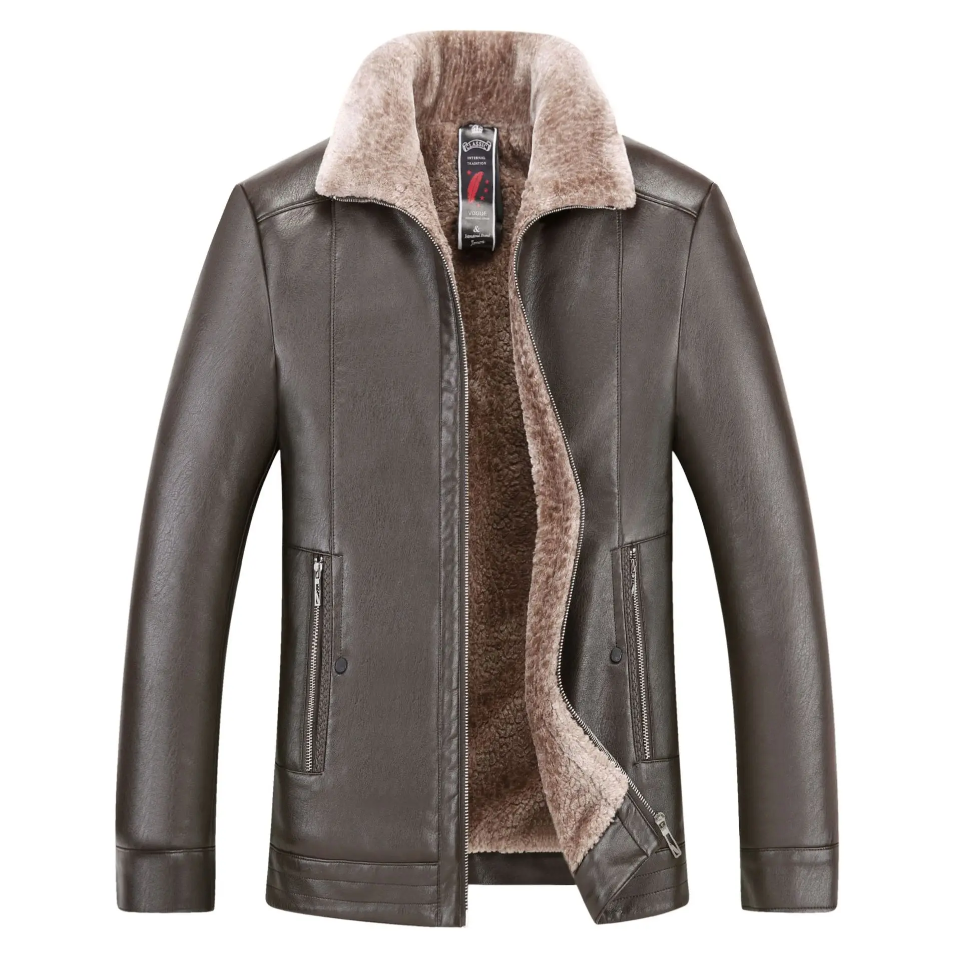 Мужчины среднего возраста щеткой и толстым мехом из искусственной кожи жира плюс размер кожаная куртка папа пальто