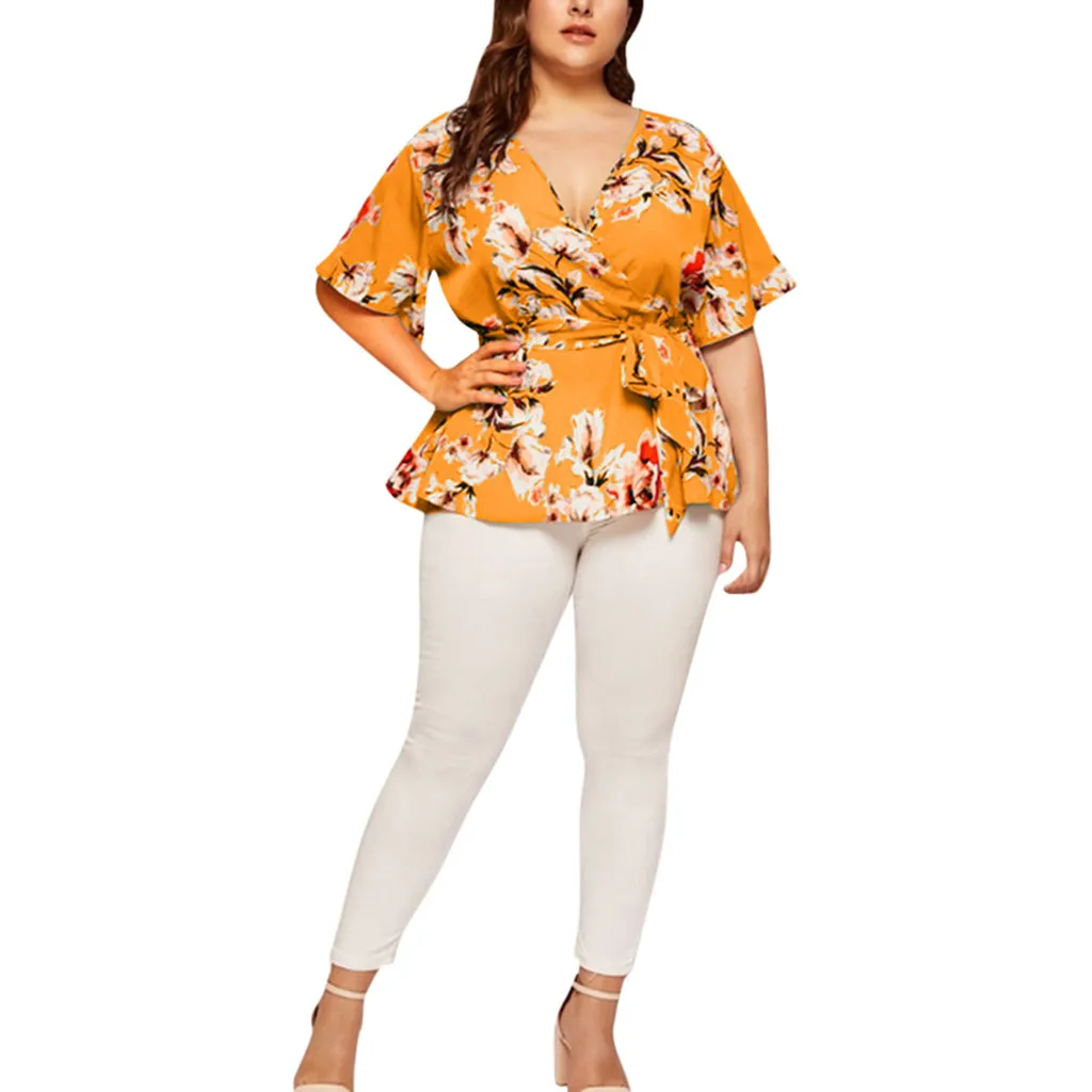 5xl Plus Size Floral V-neck Shirt Women's Casual Short Sleeve Tunic Printing Waist Belt Blouses Tops Women Clothing Blusas Mujer shirts & tops Blouses & Shirts