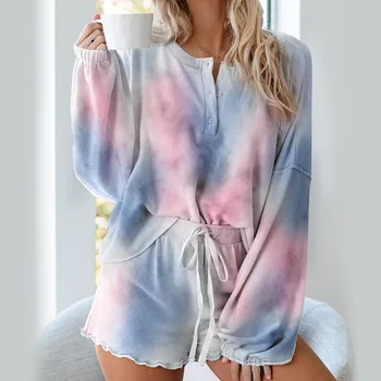 

Breathable women pijamas set lace up casual long sleeve sleepwear women two pieces fashion print summer home clothes Environment
