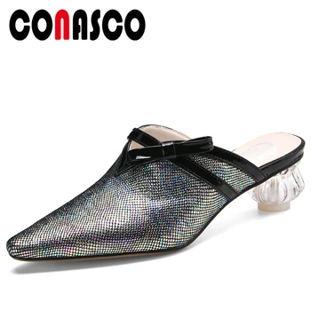 

CONASCO Elegant Women Sandals Crystal High Heels Slippers Concise Casual Shoes Woman Genuine Leather Butterfly-Knot New Mules
