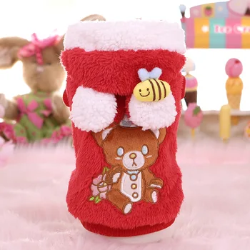 

Autumn and Winter New Bee Decor with Bear Animals Printed Double Thickened Cotton Coat Two Feet Red Pink Colors Pet Dog Clothes