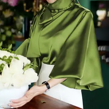 

White Elegant Women Blouse Fashion Solid Long Lantern Sleeve Blusas Bow Loose Elegant Shirt