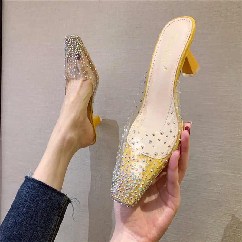 

Elegant Summer Slippers For Women Square Toe PVC Transparent Jelly Shoes Rhinestone Design Slip On Thin High Heels Slides Mules