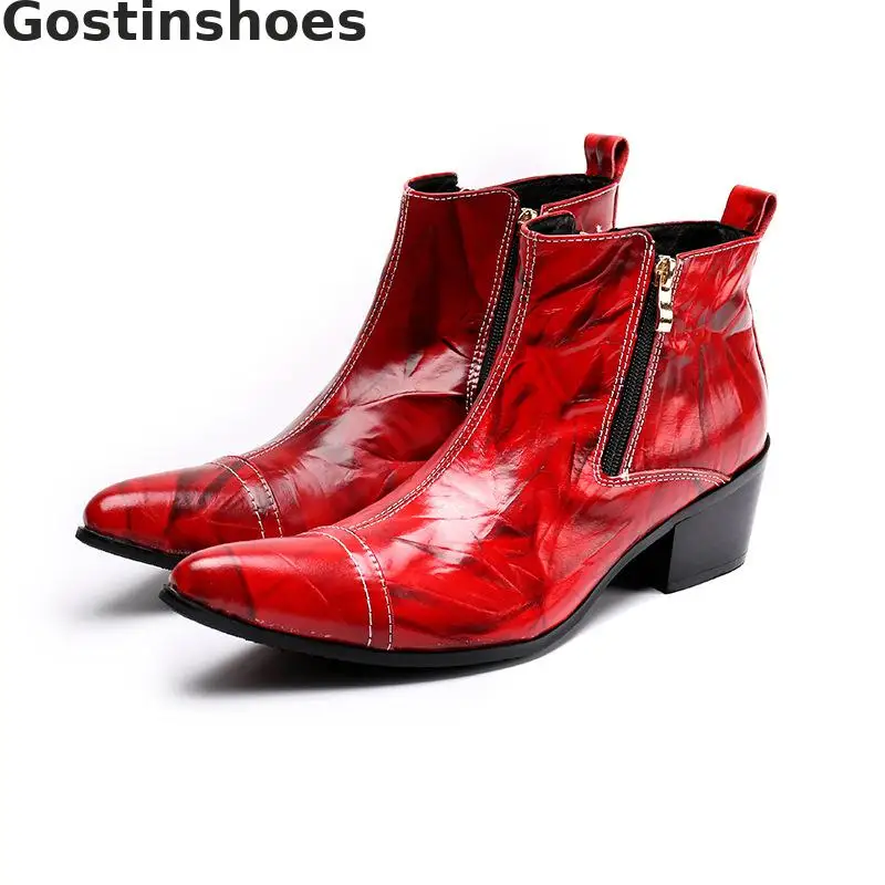 

Spring Winter Men Boots Red Genuine Leather Fashion Short Ankle Boots Leather Capped Toe Pointed Rubber Outsole Work Boots Zip